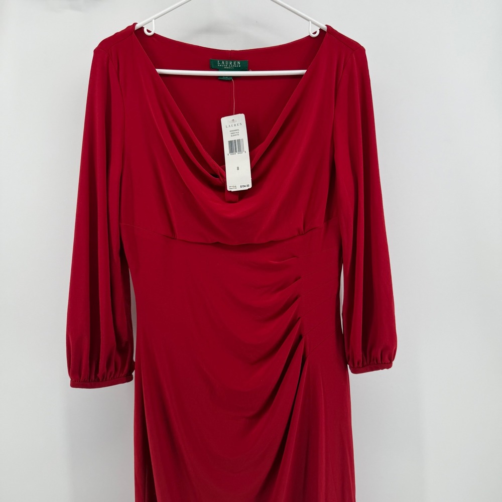 Lauren‎ Ralph Lauren Red Cowl Neck Ruched Bleeker Rd Dress NWT Size 8 $134